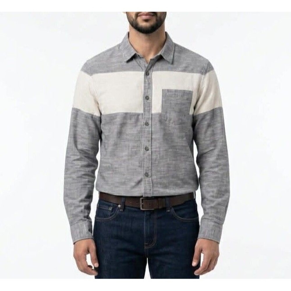 Mens Shirt Small Cotton Gray Color Block Button Up Long Sleeve Jeffrey Max